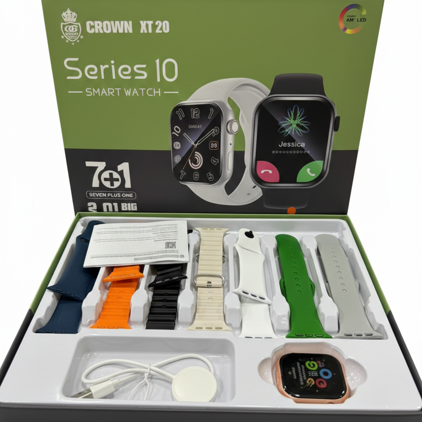 CROWN XT20 Series 10 Smart Watch 7+1 Combo – 2.01” Big Display with 7 Straps & Bluetooth Calling